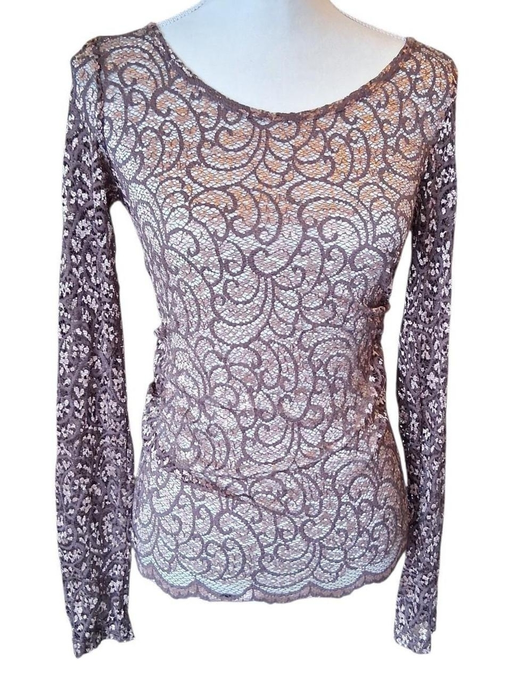 BKE Mauve Lace Long-Sleeve Scoop Neck Top